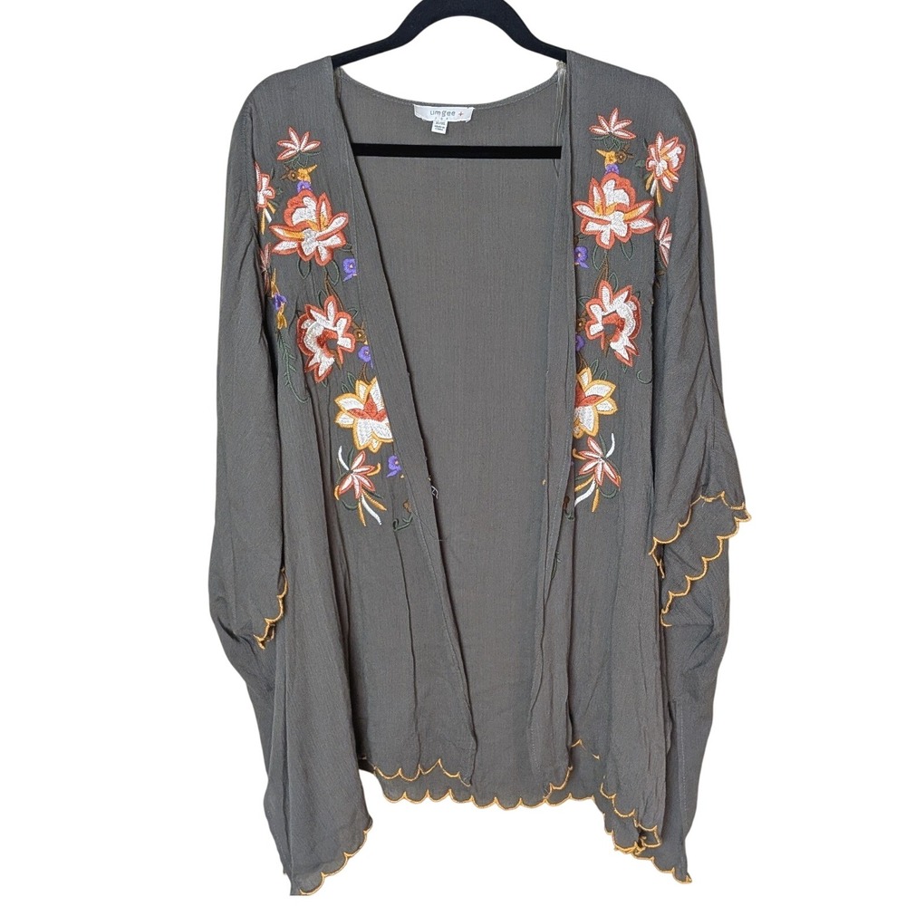 Umgee Plus Boho Embroidered‎ Kimono Olive XL/1X Floral Festival Layer